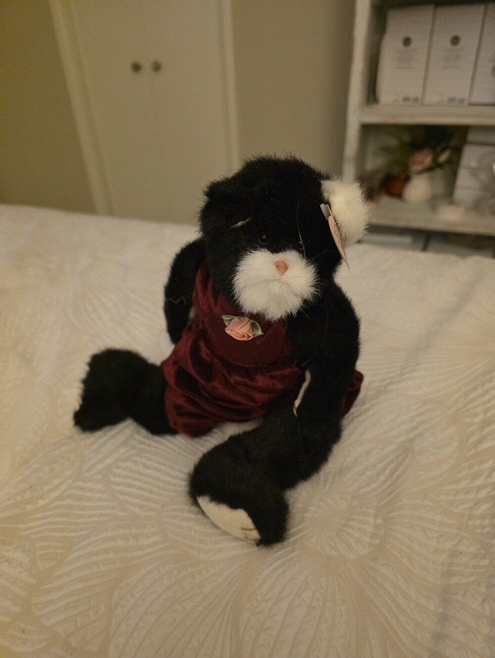 Ty Black and White Plush Cat in Burgundy Dress